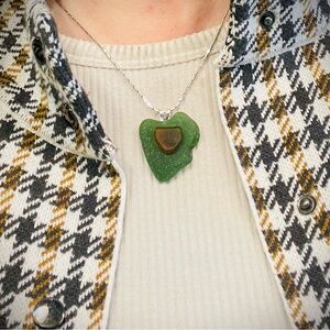 Authentic Green & Brown Sea Glass Heart Pendant